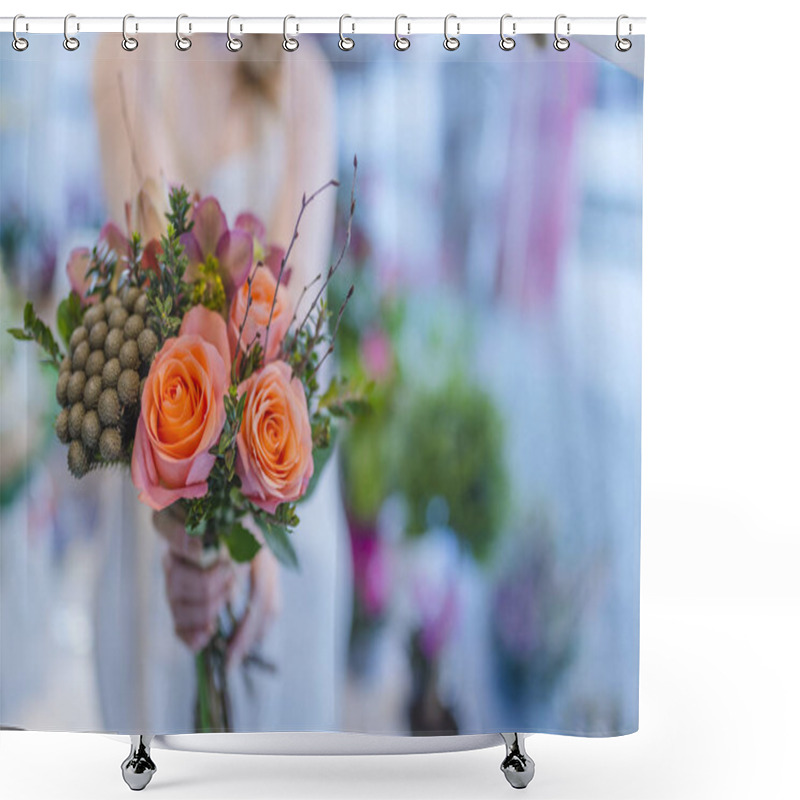 Personality  Woman Hands Holding Beautiful Flowers Bouquet.  Florist With Her Work. People, Business, Sale And Floristry Concept. Young Florist Holding In Her Hands Freshly Made Blossoming Flower Bouquet Shower Curtains