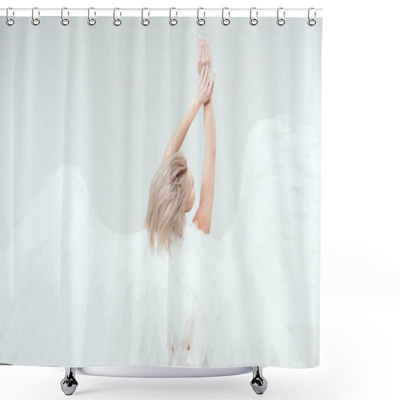 Personality  Back View Of Woman With Angel Wings Posing Isolated On White With Copy Space Shower Curtains