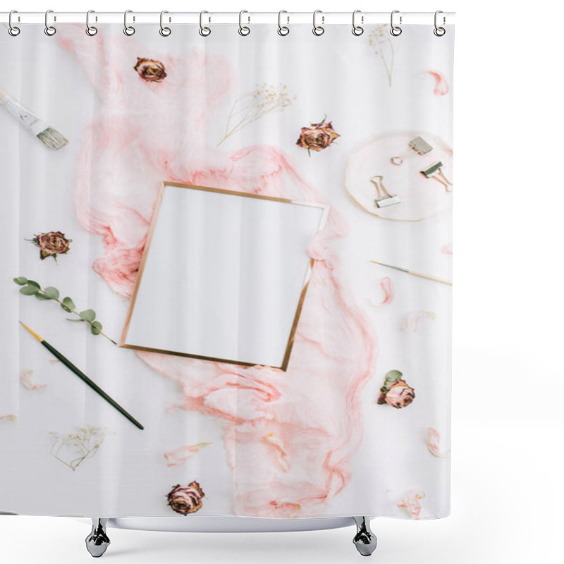 Personality  Creative Wedding Composition With Photo Frame Mock Up, Pink Blanket, Flowers, Eucalyptus Branches And Brushes On White Background. Flat Lay, Top View Stylish Art Concept. Shower Curtains