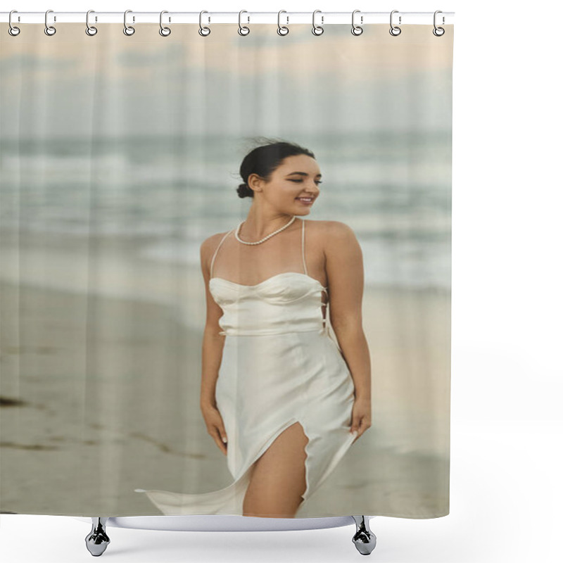 Personality  A Young Woman In A White Dress Smiles As She Walks Along A Sandy Beach In Miami. Shower Curtains