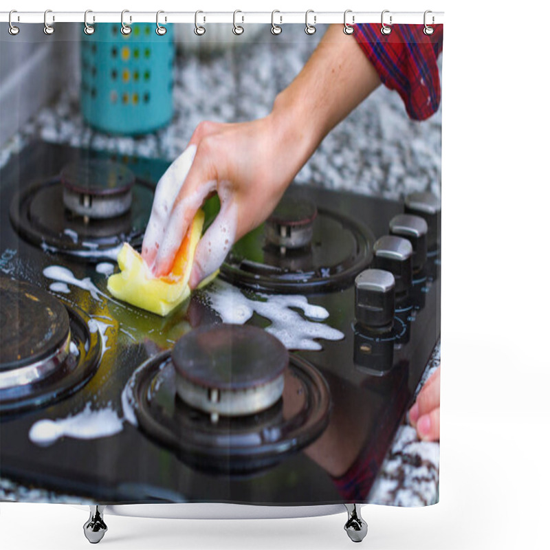 Personality  Housewife Washes A Gas Stove With Detergent In The Kitchen. House Cleaning Shower Curtains