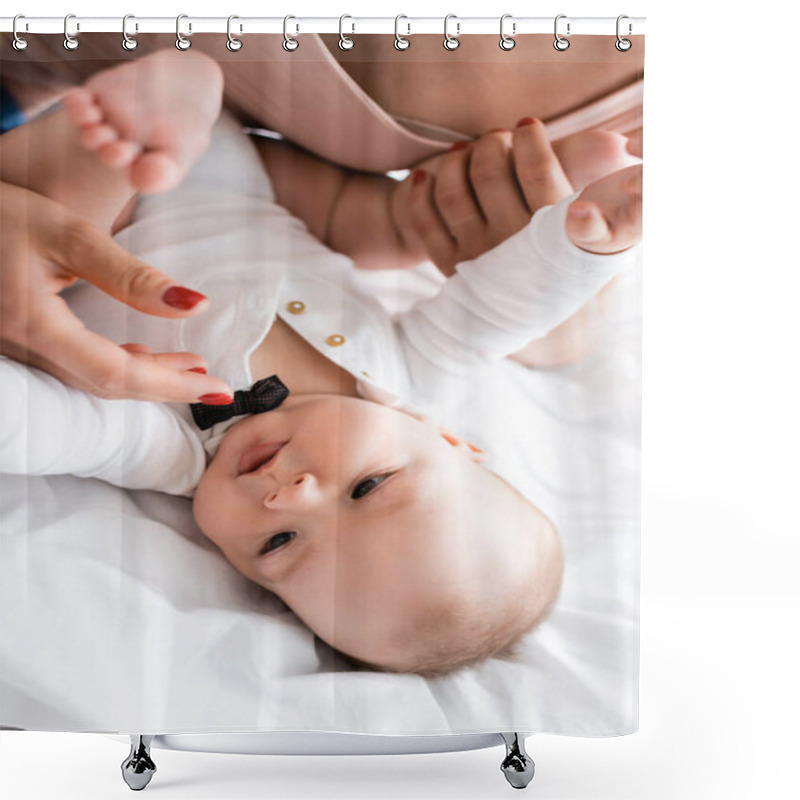 Personality  Selective Focus Of Mother Touching Bare Feet Of Cute Infant Son On Bed Shower Curtains