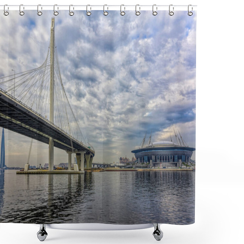 Personality  ST.PETERSBURG, RUSSIA - Oct 17, 2018: Stadium `Saint Petersburg Arena` On Krestovsky Island And Cable-stayed Bridge Western High-speed Diameter Across Peter`s Fairway In St. Petersburg At Autumn. Shower Curtains