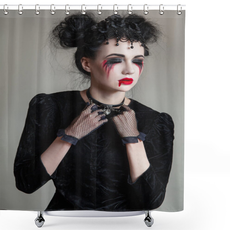 Personality  Young Beautiful Gothic Woman With White Skin And Red Lips. Halloween Makeup. Shower Curtains