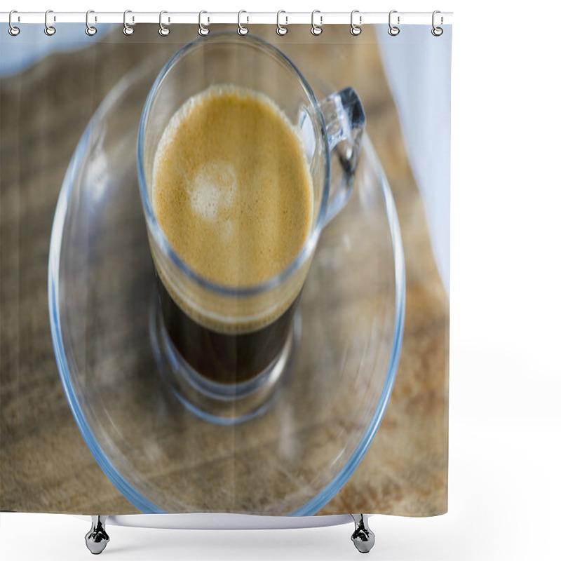 Personality  Frothy Black Coffee In Glass Mug On Table Shower Curtains