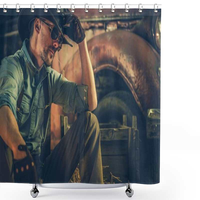 Personality  American Caucasian Rancher Resting In The Barn. Countryside Theme. Cowboy And The Country. Shower Curtains