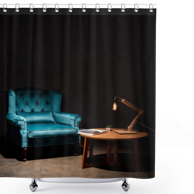 Personality  Elegant Velour Blue Armchair With Pillow Near Wooden Table And Lamp Isolated On Black Shower Curtains