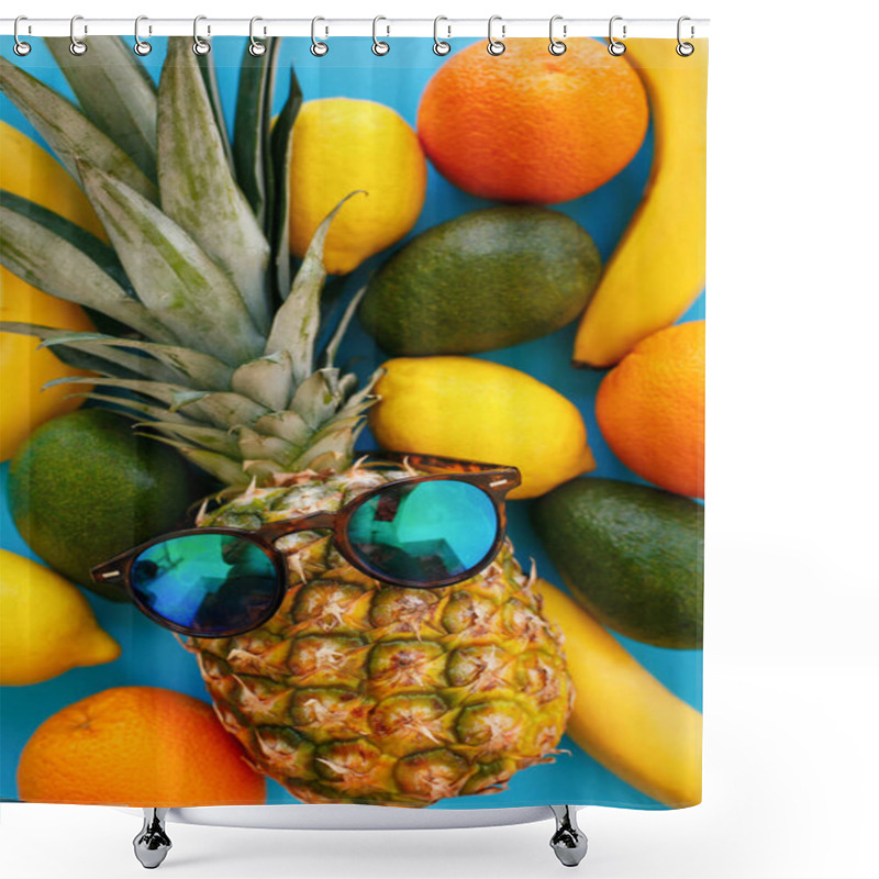 Personality  Pineapple In Stylish Sunglasses, And Bananas, Oranges, Avocado And Lemons On Bright Blue Paper, Trendy Flat Lay. Space For Text. Colorful Fruits Modern Image, Top View. Juicy Summer Pattern Shower Curtains