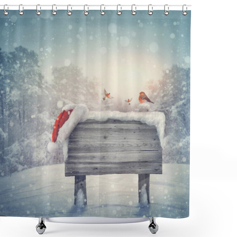 Personality  Wooden Sign In Winter Forest Shower Curtains