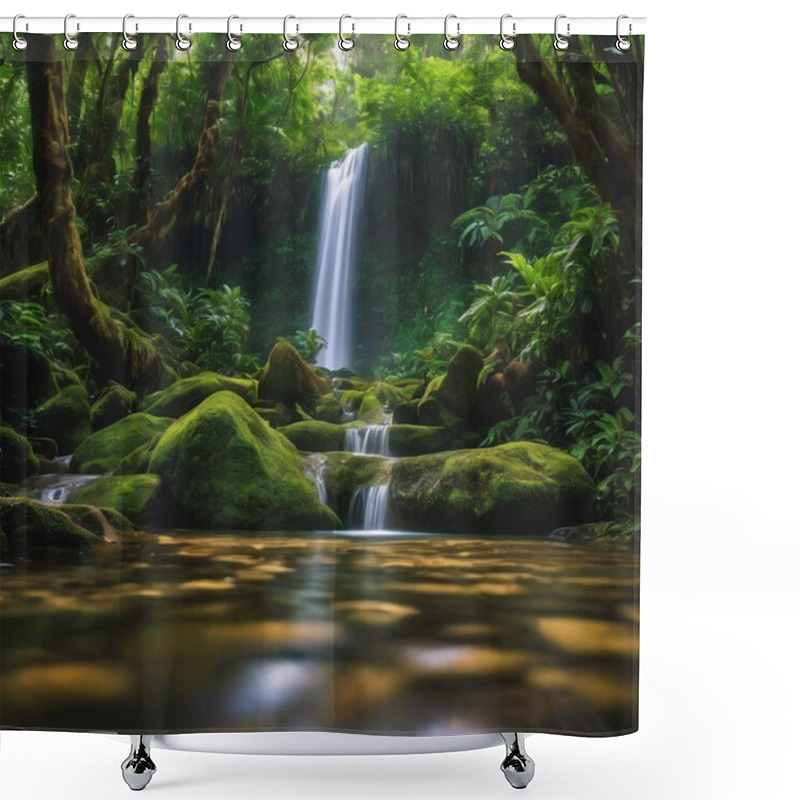 Personality  Majestic Waterfall Cascading Through Lush Jungle Foliage Shower Curtains