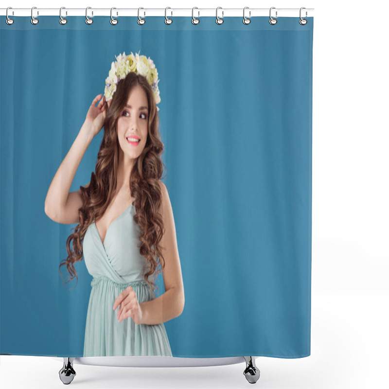 Personality  Smiling Beautiful Girl With Flowers Wreath On Head Isolated On Blue Shower Curtains