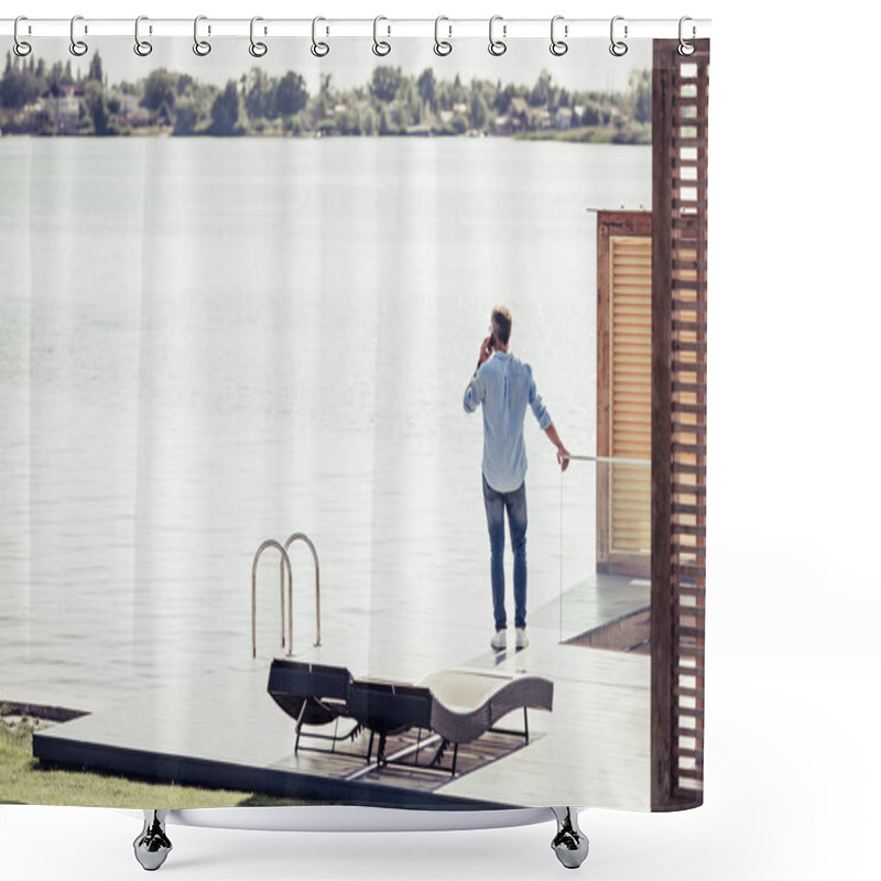 Personality  Rear View Of Adult Man Talking On Smartphone Near Lake At Country House  Shower Curtains