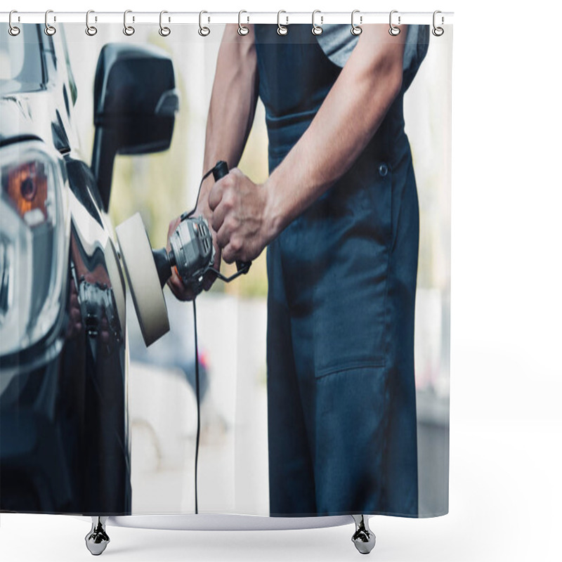 Personality  Partial View Of Car Cleaner Polishing Car With Buffer Machine Shower Curtains