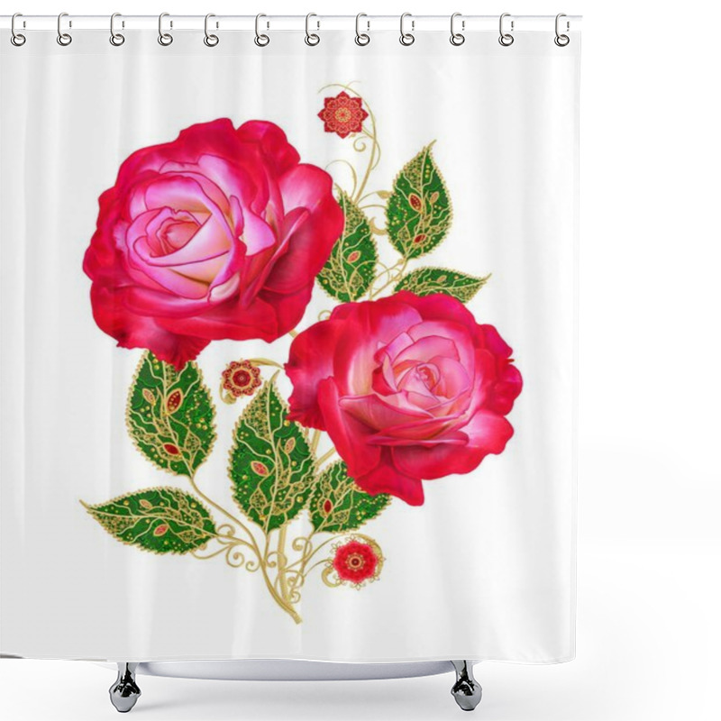 Personality  Stylized Golden Shiny Flowers On High Stems, Elements Of Paisley Decor, Bouquet Of Bright Red Roses. Isolated On White Background. Shower Curtains