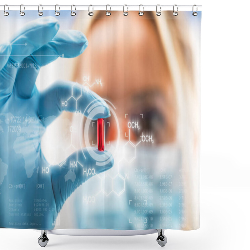 Personality  Young Attractive Female Scientist Holding A Red Transparent Pill Shower Curtains