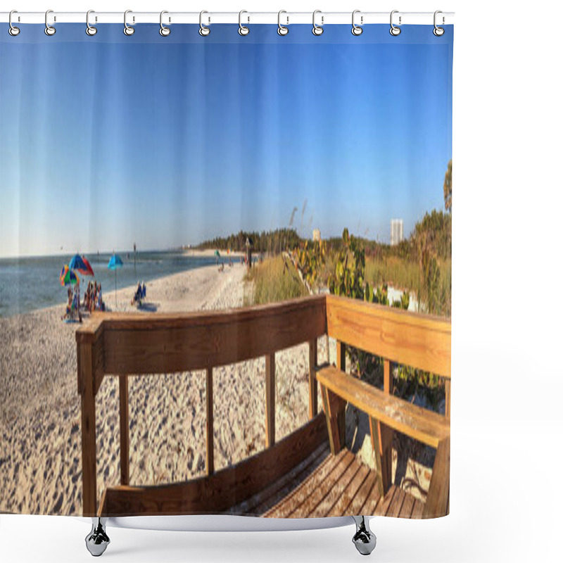 Personality  Wood Bench On The White Sand Beach Of Delnor-Wiggins Pass State Park With A Blue Sky Above In Naples, Florida. Shower Curtains