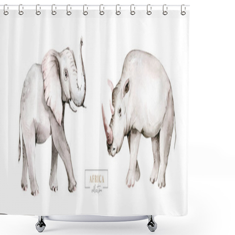 Personality  Watercolor Frican Elephant Animal Isolated On White Background. Savannah Wildlife Cartoon Zoo Safari Poster. Jungle Decoration. Shower Curtains