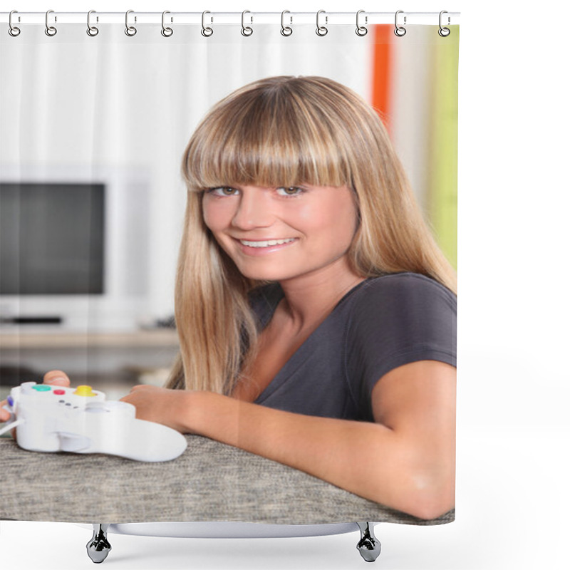 Personality  Blond Teenage Girl With Video Game Controller Shower Curtains