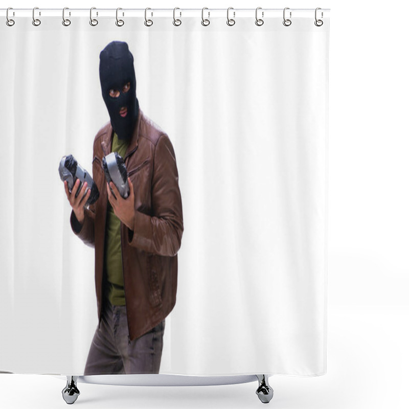 Personality  Robber Wearing Balaclava Isolated On White Background Shower Curtains