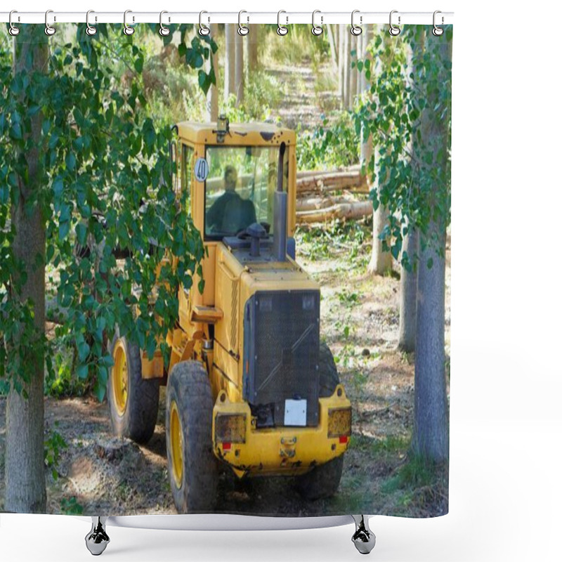 Personality  Forestry Industry. Machine Operator Stacking Logs Cut During A Logging Operation. Shower Curtains