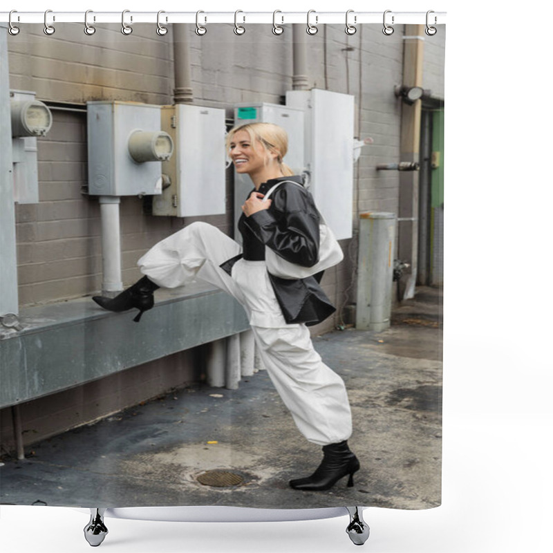 Personality  Full Length Of Cheerful Woman In Leather Shirt Jacket And Cargo Pants Posing With Handbag On Industrial Street In Miami  Shower Curtains