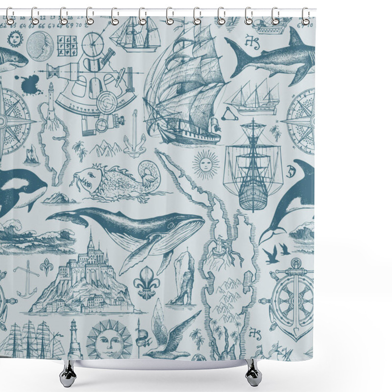 Personality  Vintage Seamless Pattern On The Theme Of Sea Travel, Adventure And Discovery. Vector Repeating Background With Hand-drawn Sketches Of Sailboats, Islands, Old Maps, Wind Rose, Anchors, Fishes Shower Curtains