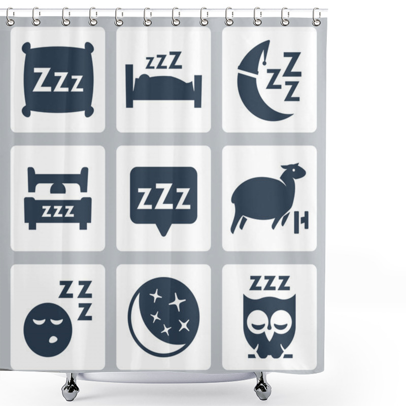 Personality  Vector Isolated Sleep Concept Icons Set: Pillow, Bed, Moon, Sheep, Owl, Zzz Shower Curtains