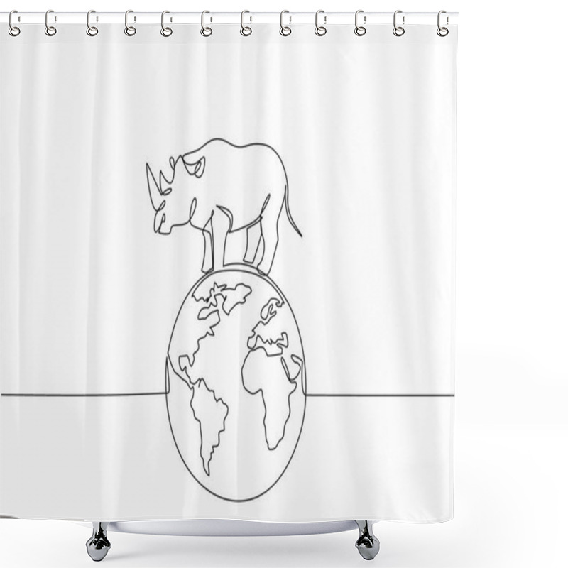 Personality  Single One Line Drawing Globe With Rhinoceros On Top. Pastures Must Remain Green, They Must Not Be Barren. Natural Habitat. Conserve. World Wildlife Day. Continuous Line Design Graphic Illustration Shower Curtains