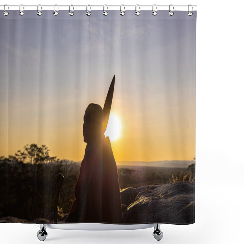 Personality  A Maasai Warrior In Traditional Attire Holds A Spear, Silhouetted Against The Golden Sunrise Over The African Savanna. Shower Curtains