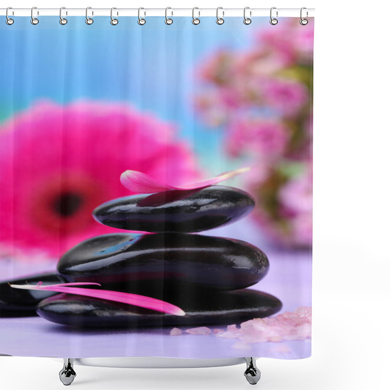 Personality  Spa Stones And Beautiful Gerbera On Wooden Table Shower Curtains