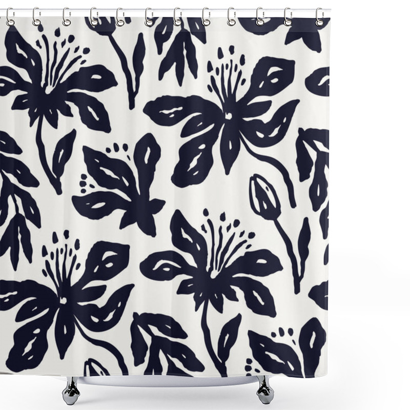 Personality  Monochrome Black And White Brush Strokes Inky Flowers Seamless Pattern. Abstract Floral Contemporary Background. Shower Curtains