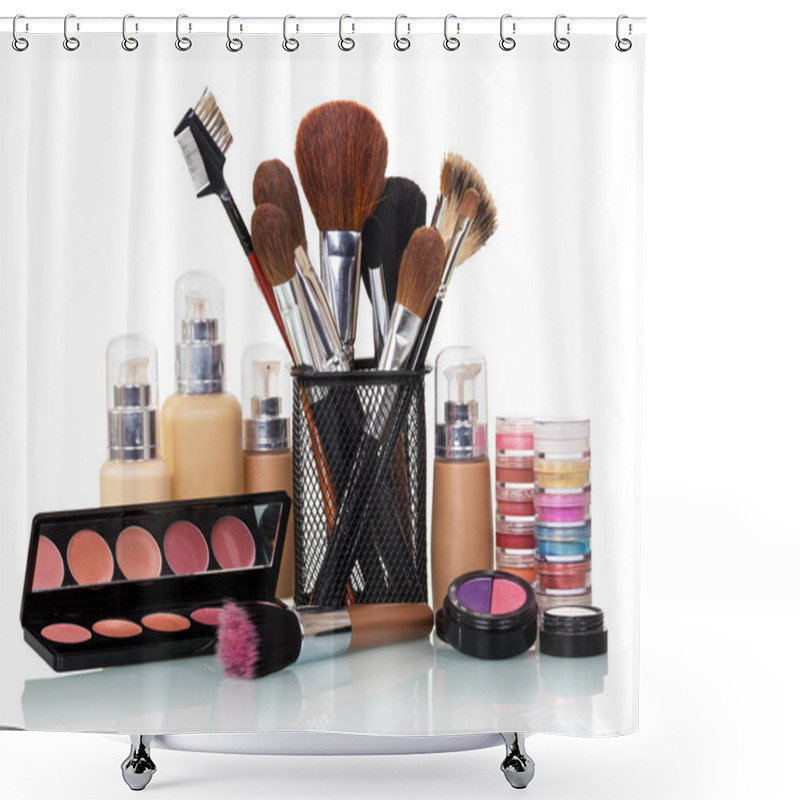 Personality  Beauty, Brush, Eye Shadow, Liquid Foundation And Lip Gloss Isolated. Shower Curtains