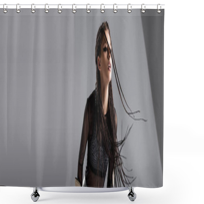 Personality  Young Futuristic Woman With Dreadlocks Posing In Black Clothes On Grey Background, Banner Shower Curtains