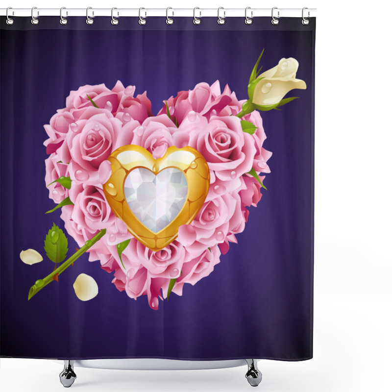 Personality  Vector Pink Roses, Golden Jewel And White Crystal Shower Curtains