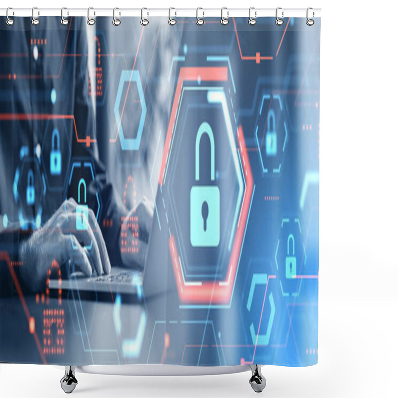 Personality  Hands Of Unrecognizable Businessman Typing On Laptop Keyboard At Blurry Office Table With Double Exposure Of Cyber Security Padlock Interface. Concept Of Data Protection In Business Shower Curtains