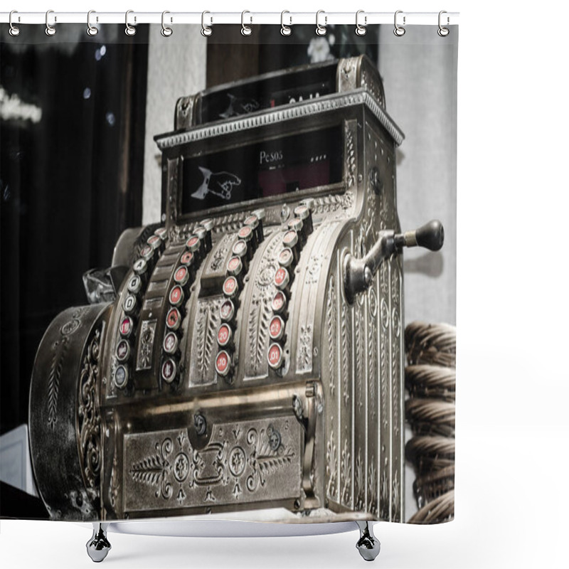 Personality  Silver-colored Cash Register In Shop Window. Commercial Equipment Of Past Centuries. Antiques. Shower Curtains