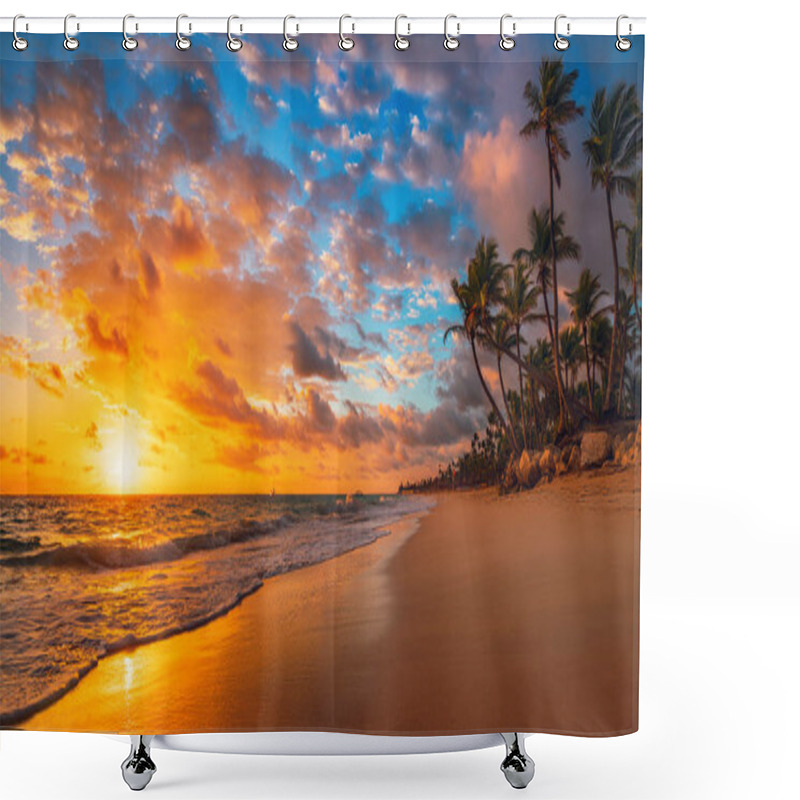 Personality  Landscape Of Paradise Tropical Island Beach, Sunrise Shot Shower Curtains