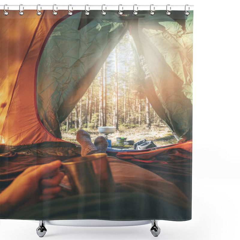 Personality  Wanderlust - Man Relaxing In Tent After Hike With Cup Of Tea Shower Curtains