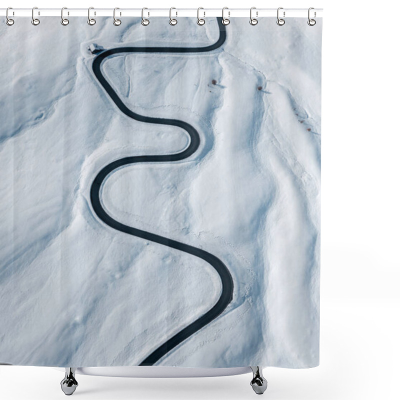 Personality  Curvy Windy Road In Snow Covered Mountain Hill. Top Down Aerial View. Scenic Winter Background Captured From Above. Passo Di Giau, Dolomities, Italy. Travel Concept. Shower Curtains