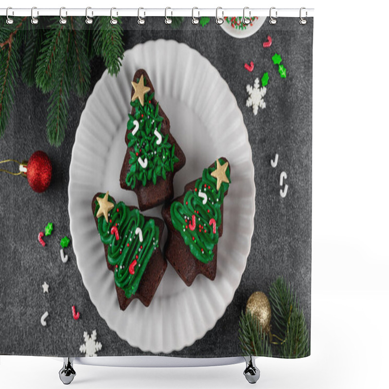 Personality  Christmas Dessert. Chocolate Christmas Tree Brownies With Butter Cream And Sugar Sprinkles On Top On A Plate. Copy Space Shower Curtains