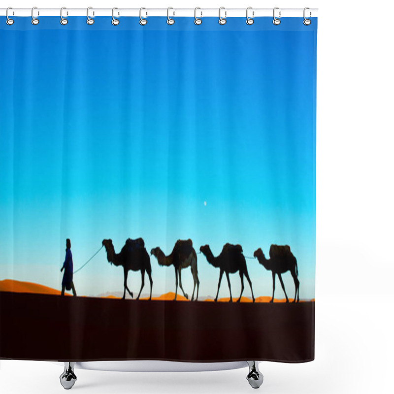 Personality  Camel Caravan Going Through The Sand Dunes In The Sahara Desert. Morocco, Africa Shower Curtains