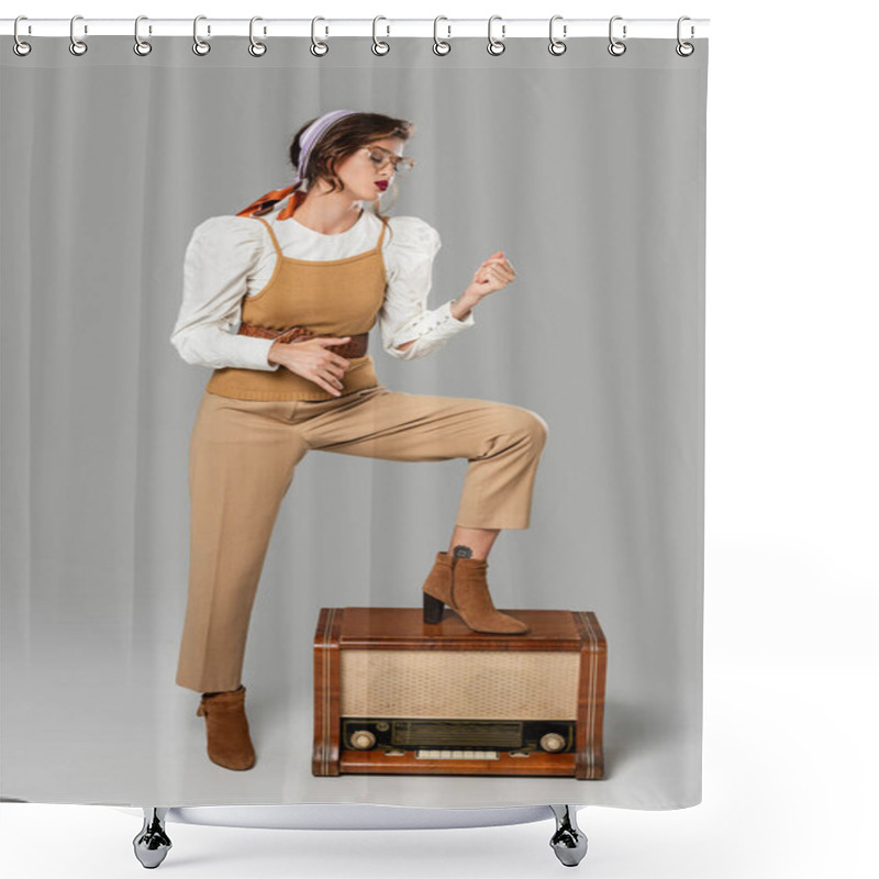 Personality  Full Length View Of Trendy Young Woman Imitating Playing Guitar Near Vintage Radio Receiver On Grey Shower Curtains