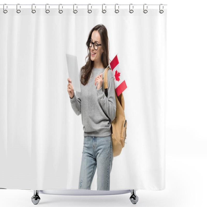 Personality  Smiling Female Student In Glasses Holding Canadian Flag And Using Digital Tablet Isolated On White Shower Curtains