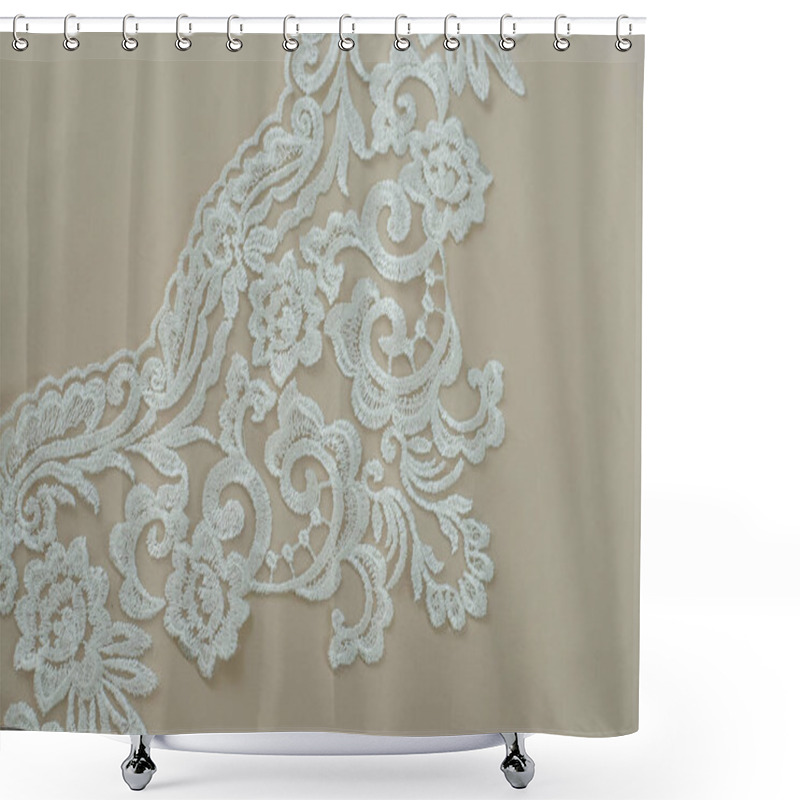 Personality  Texture Lace Fabric. Lace On White Background Studio. Thin Fabric Made Of Yarn Or Thread. A Background Image Of Ivory-colored Lace Cloth. White Lace On Beige Background. Shower Curtains