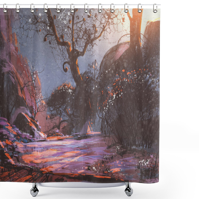 Personality  Beautiful Winter Sunset With Fantasy Trees In The Snow Shower Curtains