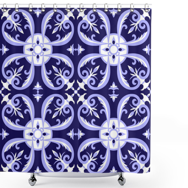 Personality  Mexican Tiles Pattern Vector With Blue And White Ornaments. Portugal Azulejo, Talavera, Delft Dutch, Italian Majolica Or Spanish Motifs. Tiled Floor Background For Ceramic Or Fabric Design. Shower Curtains