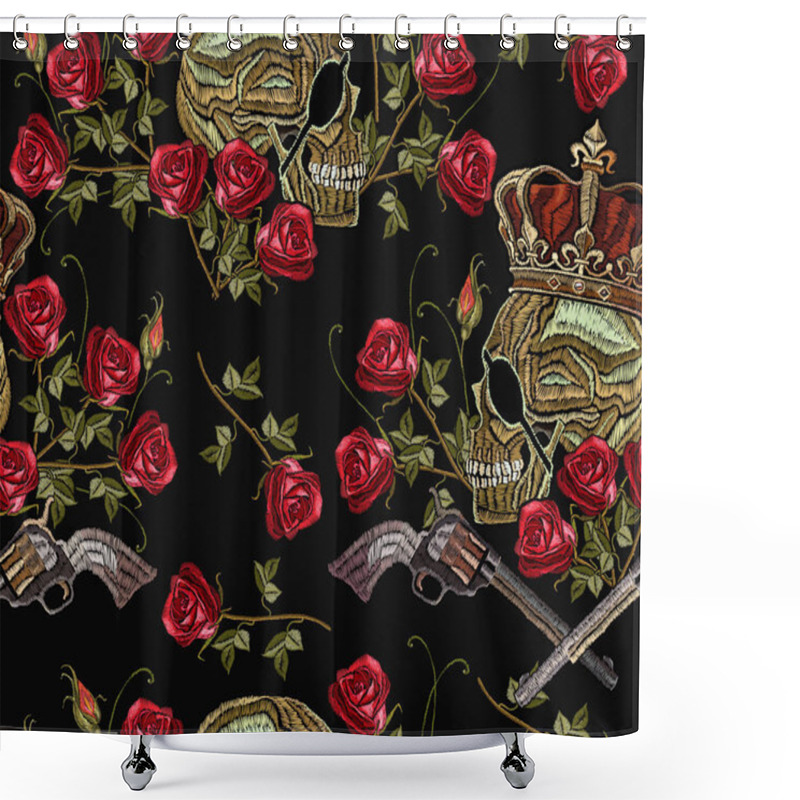 Personality  Embroidery Skull In Crown, Crossed Guns And Roses Shower Curtains