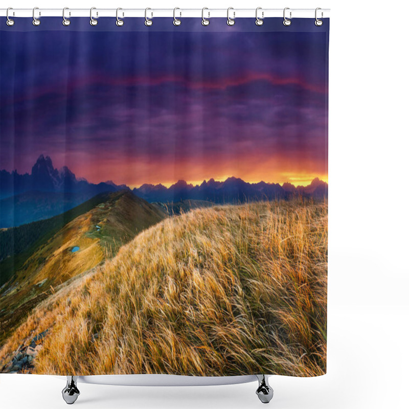 Personality  A Great View Of The Hills Glowing By Sunlight At Twilight. Dramatic And Picturesque Morning Scene. Artistic Picture. Beauty World. Warm Toning Effect. Creative Collage. Soft Filter Effect. Shower Curtains