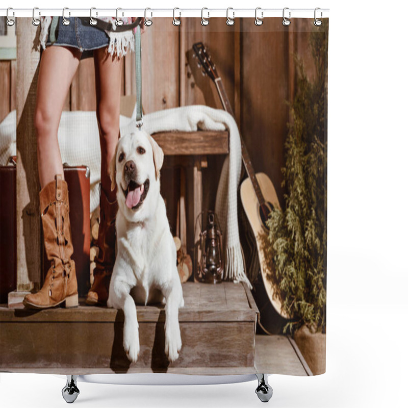 Personality  Woman In Boho Style With Dog Shower Curtains