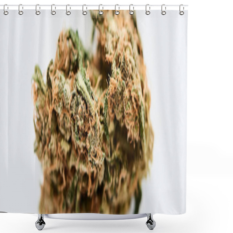 Personality  Close Up View Of Marijuana Bud Isolated On White, Panoramic Shot Shower Curtains